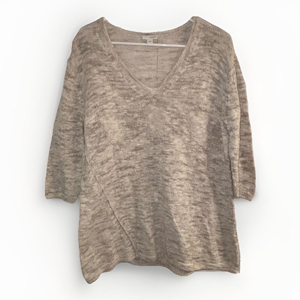 Pure Jill Sweater Womens Size L Cream Tan‎ V-Neck 3/4 Sleeve 100% Cotton